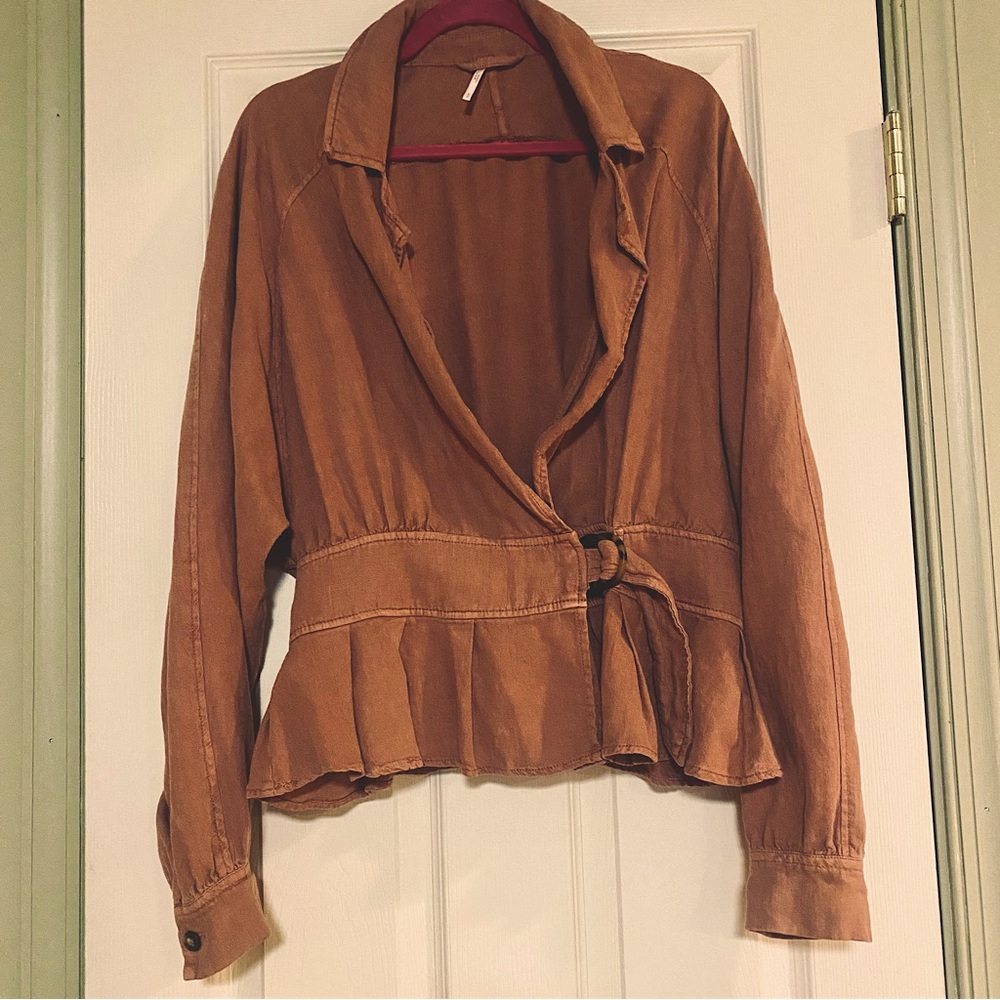 Free People Mauve/Pinkish Brown Belted Peplum Linen Jacket Size Small